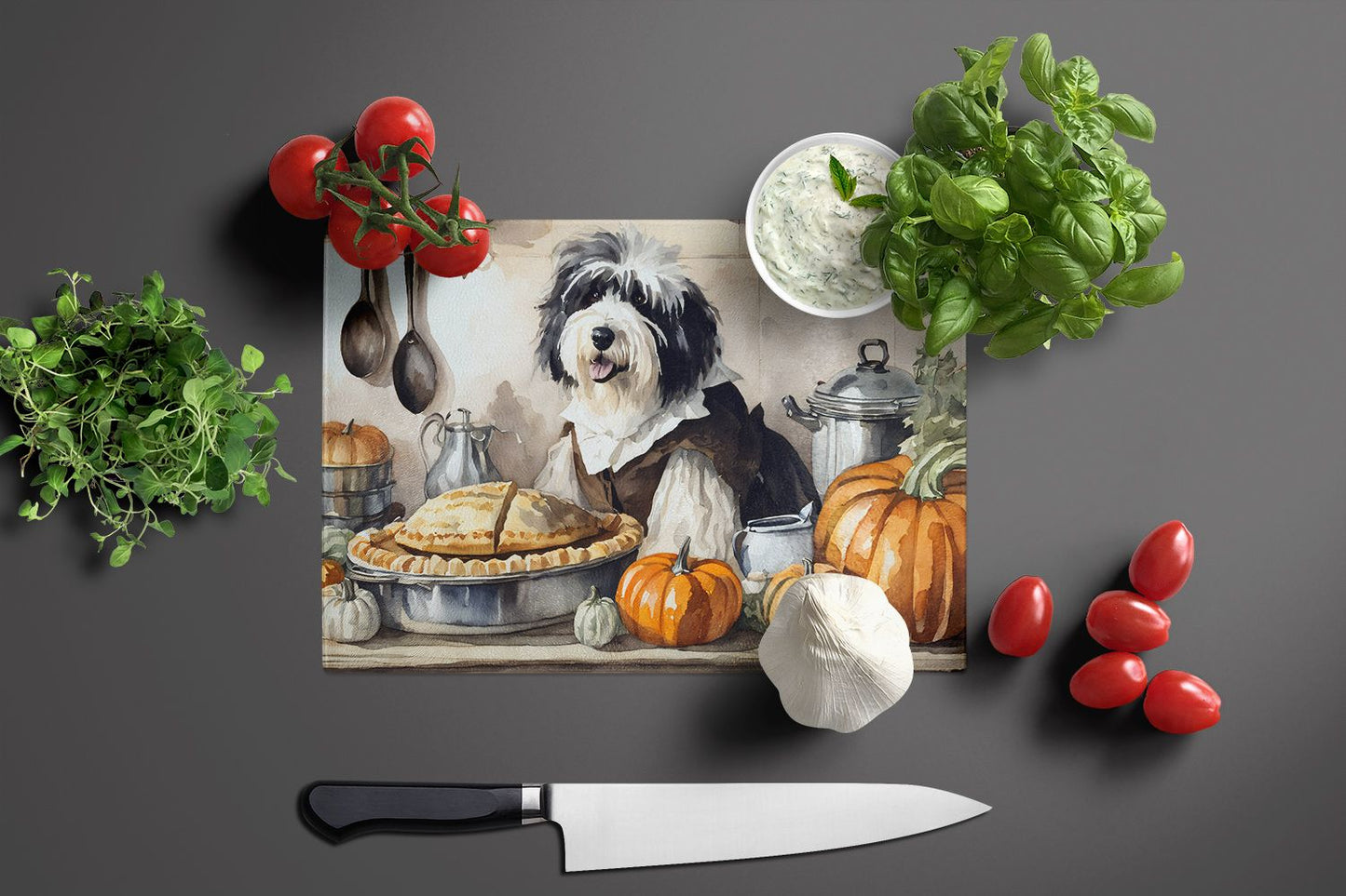 NEW Old English Sheepdog Fall Kitchen Pumpkins Glass Cutting Board Decorative Tempered Glass Kitchen Cutting and Serving Board Large Size Chopping Board