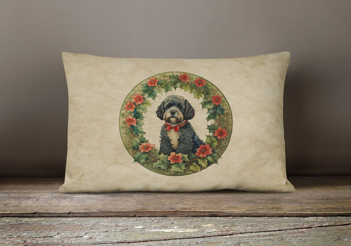 Christmas Flowers Frame Throw Pillow Throw Pillow for Indoor Couch Bed Outdoor Patio Washable, Portuguese Water Dog 2412,12Hx16W