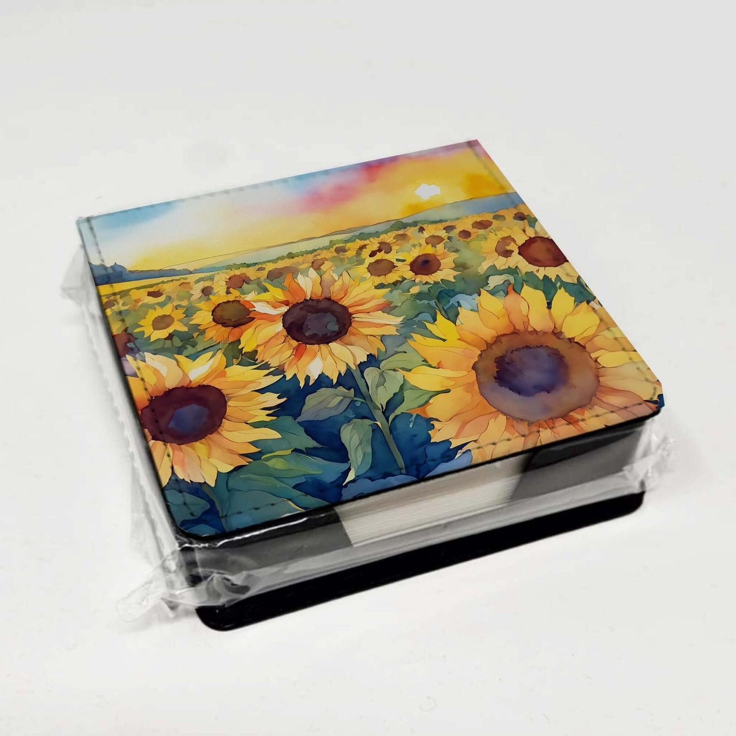 Kansas Sunflowers in Watercolor PU Leather Note Paper Holder with Artist-Designed Cover, Desk Accessory, Office Gift