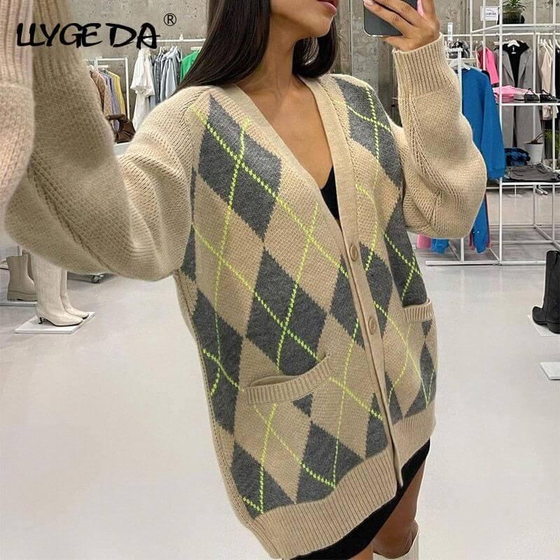 Oversized Argyle Cardigan Women Sweater Loose V-Neck Knitted Long Sleeve Y2K Sweaters Female 2021 Autumn Vintage Lady Basic Top - Clothes For Her Online Store