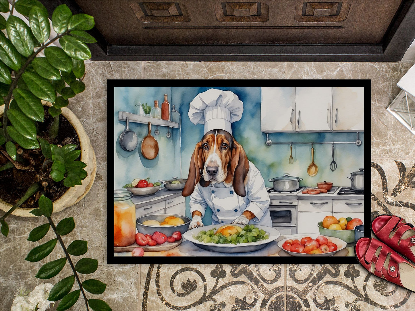Basset Hound The Chef Doormat Front Door Mat Indoor Outdoor Rugs for Entryway, Non Slip Washable Low Pile, 24H X 36W