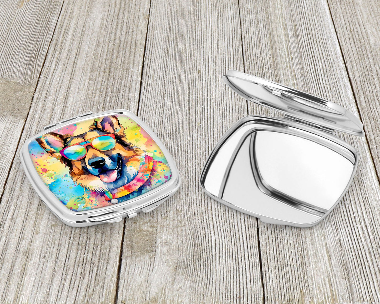 German Shepherd Hippie Dawg Compact Mirror Decorative Travel Makeup Mirror for Women Girls Gifts Pocket Makeup Mirror Folding Handheld