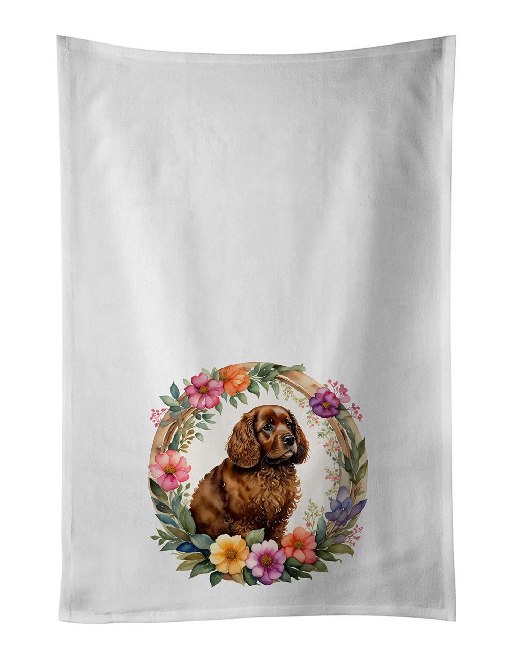 American Water Spaniel and Flowers Kitchen Towel Set of 2 White Dish Towels Decorative Bathroom Hand towel for Hand, Face, Hair, Yoga, Tea, Dishcloth, 19 X 28", White