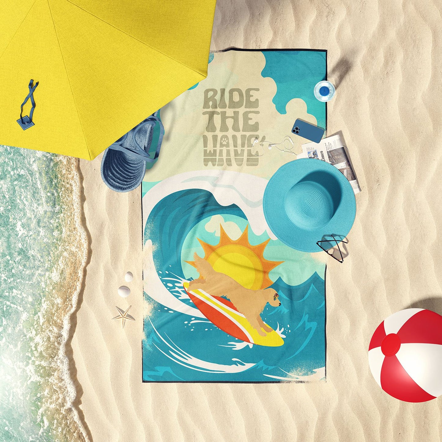 Surfer Dog Gold Golden Retriever Premium Beach Towel Oversized Towel Beach Blanket, Pool, Beach Essentials, Yoga, Premium Bath Towel, Quick Dry Plush