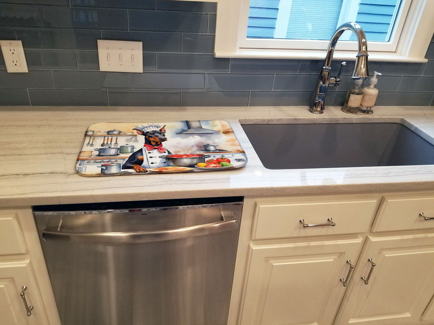Doberman Pinscher The Chef Dish Drying Mat Absorbent Dish Drying Mat Pad for Kitchen Counter Dish Drainer Mat for Countertop, 14 x 21", Multicolor