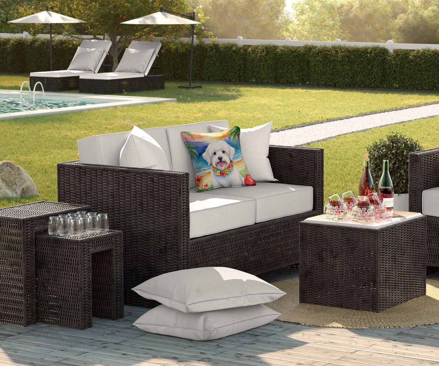 Coton de Tulear Luau Throw Pillow Machine Washable, Indoor Outdoor Decorative Pillow for Couch, Bed or Patio, 18Hx18W