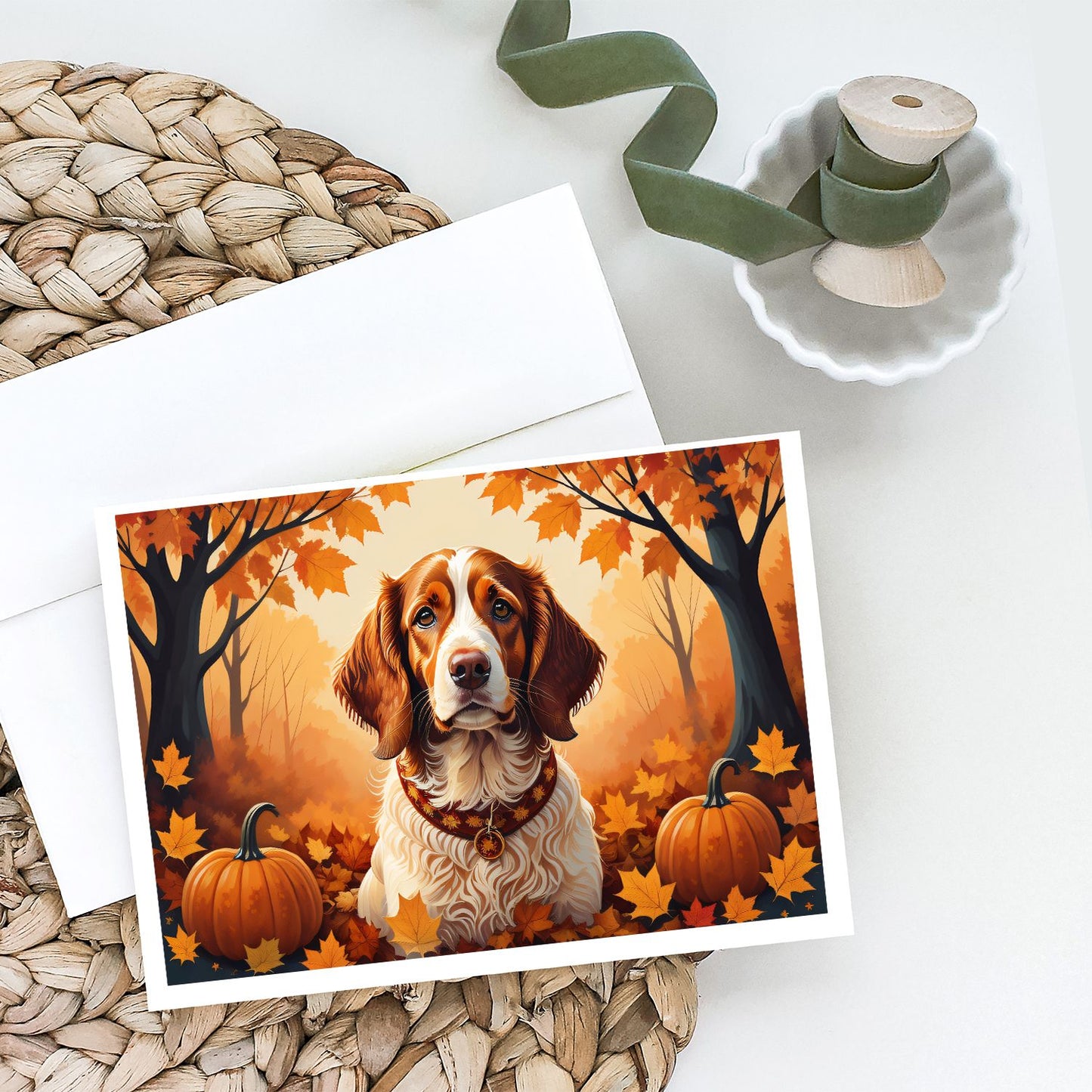 Brittany Spaniel Fall Greeting Cards Pack of 8 Blank Cards with Envelopes Whimsical A7 Size 5x7 Blank Note Cards