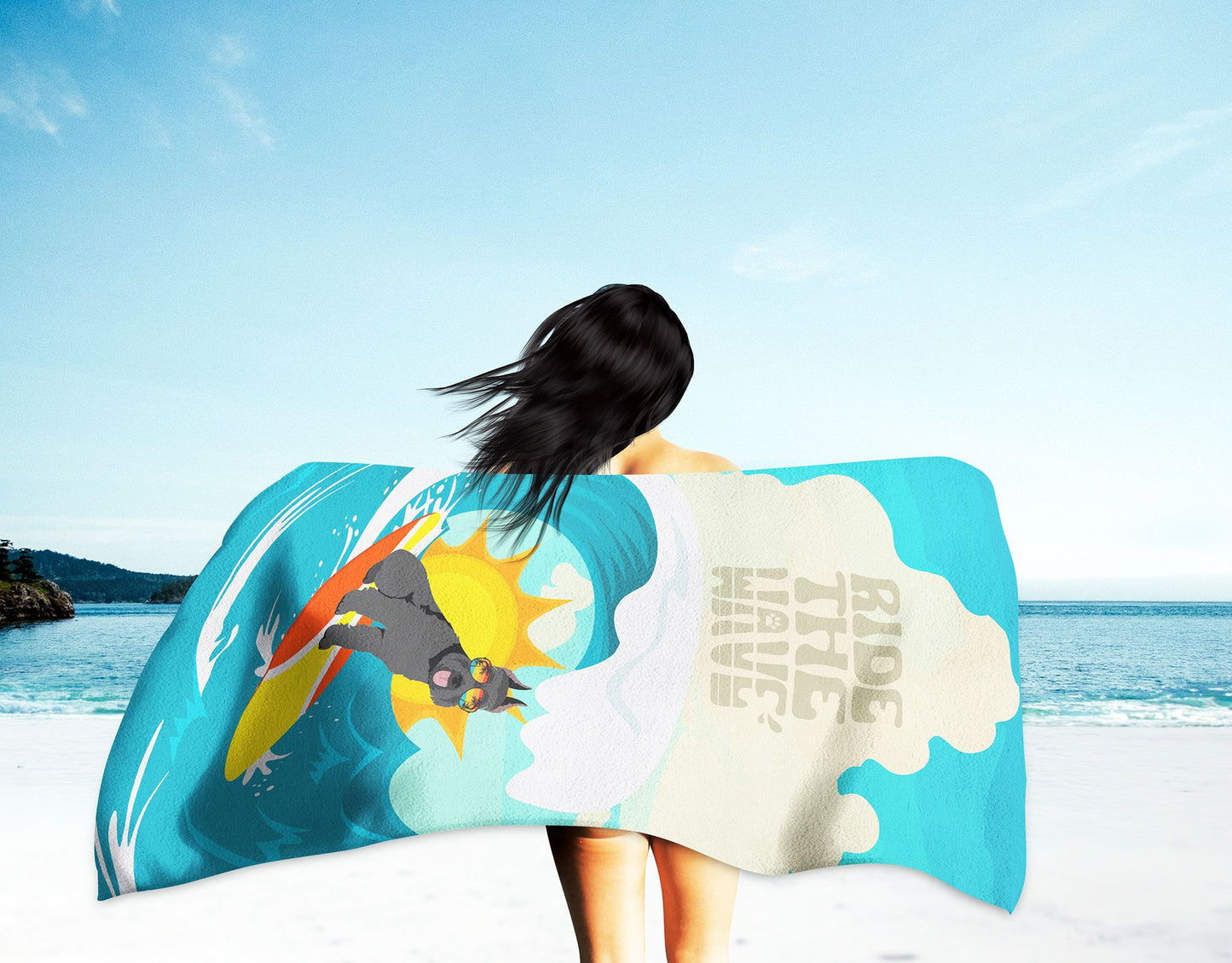 Surfer Dog Black Schnauzer Premium Beach Towel Oversized Towel Beach Blanket, Pool, Beach Essentials, Yoga, Premium Bath Towel, Quick Dry Plush