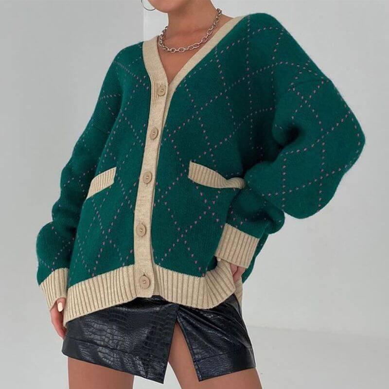 Oversized Argyle Cardigan Women Sweater Loose V-Neck Knitted Long Sleeve Y2K Sweaters Female 2021 Autumn Vintage Lady Basic Top - Clothes For Her Online Store