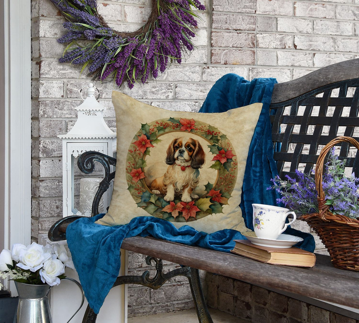 English Toy Spaniel Christmas Flowers Throw Pillow Machine Washable, Indoor Outdoor Decorative Pillow for Couch, Bed or Patio, 18Hx18W