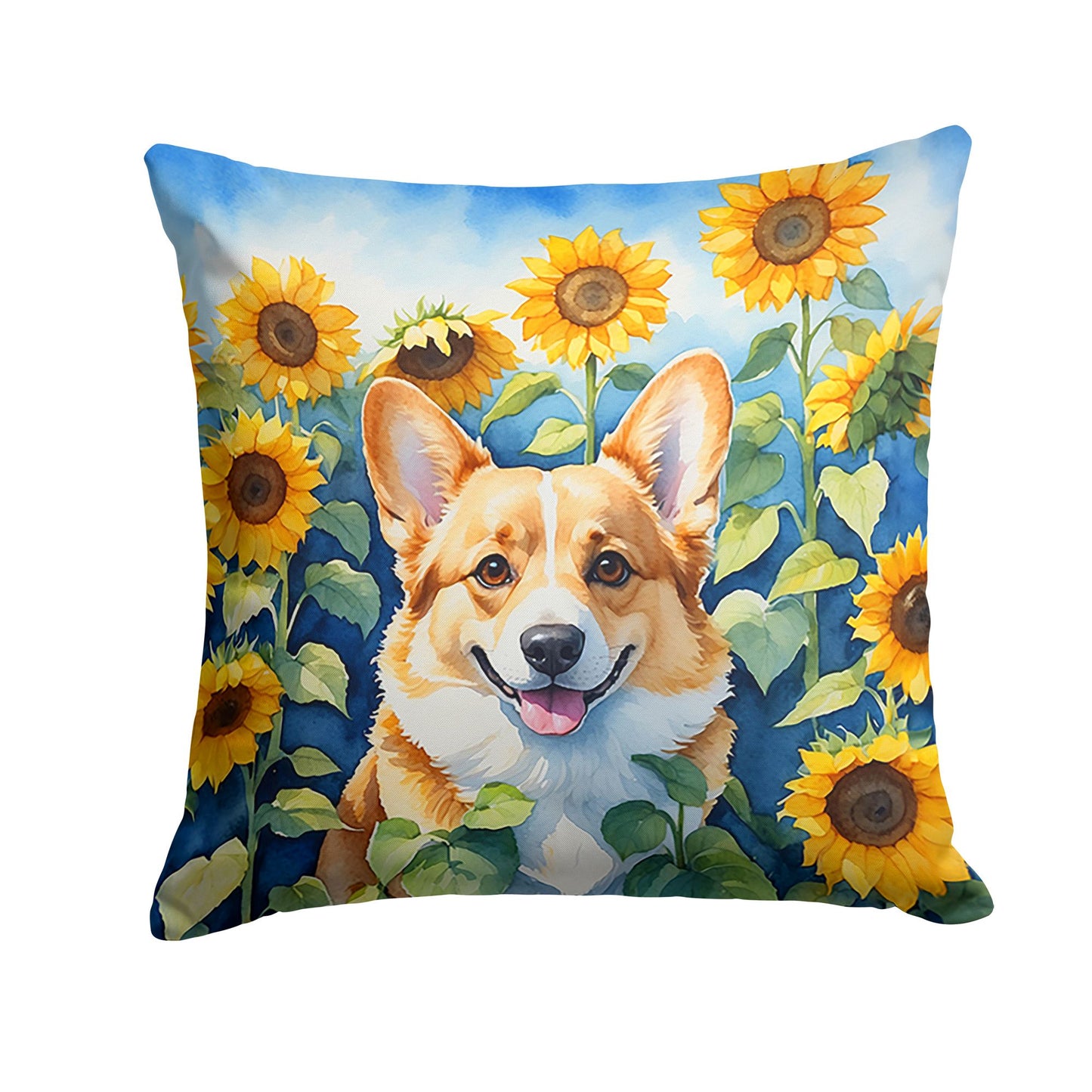 Corgi in Sunflowers Throw Pillow Machine Washable, Indoor Outdoor Decorative Pillow for Couch, Bed or Patio, 14Hx14W