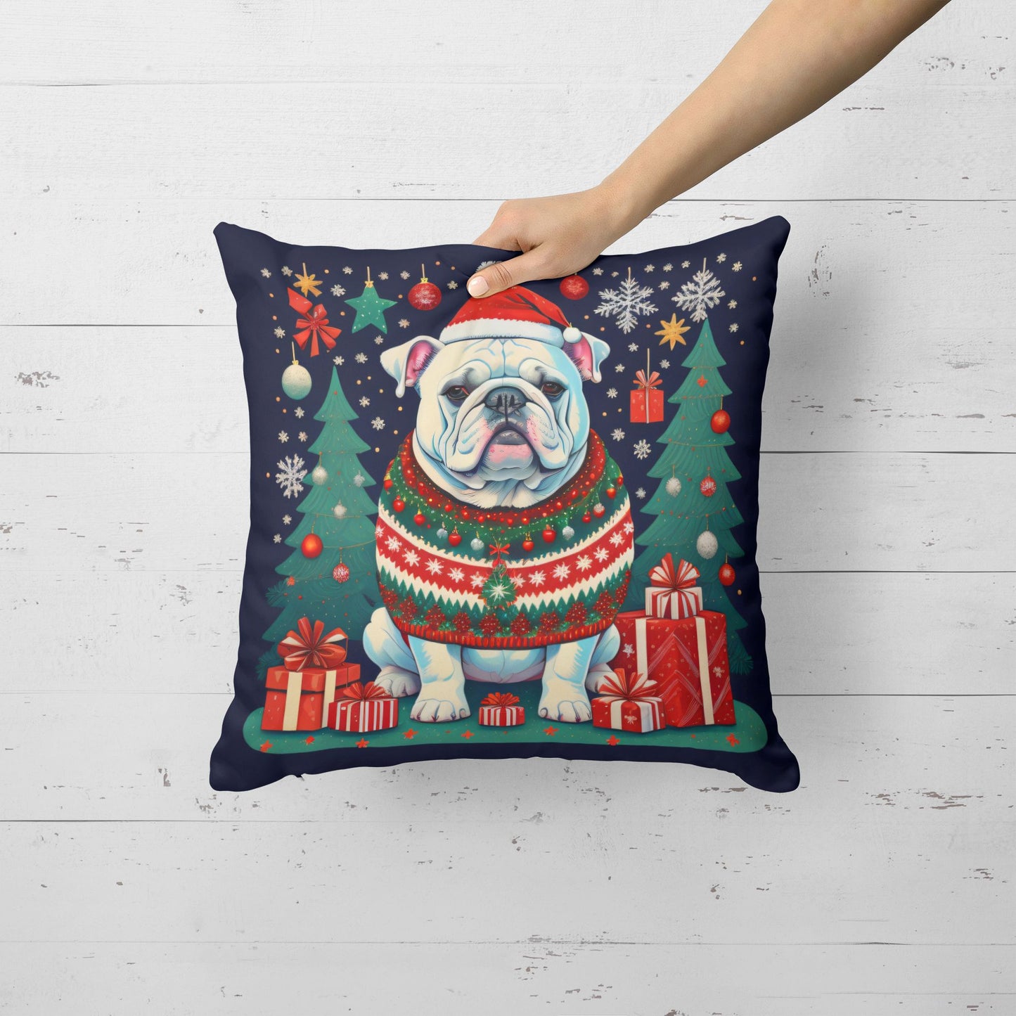 White English Bulldog Christmas Throw Pillow Machine Washable, Indoor Outdoor Decorative Pillow for Couch, Bed or Patio, 14Hx14W