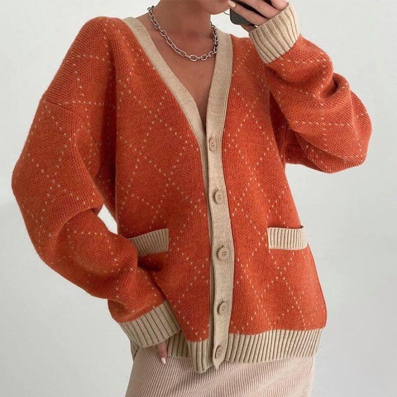 Oversized Argyle Cardigan Women Sweater Loose V-Neck Knitted Long Sleeve Y2K Sweaters Female 2021 Autumn Vintage Lady Basic Top - Clothes For Her Online Store