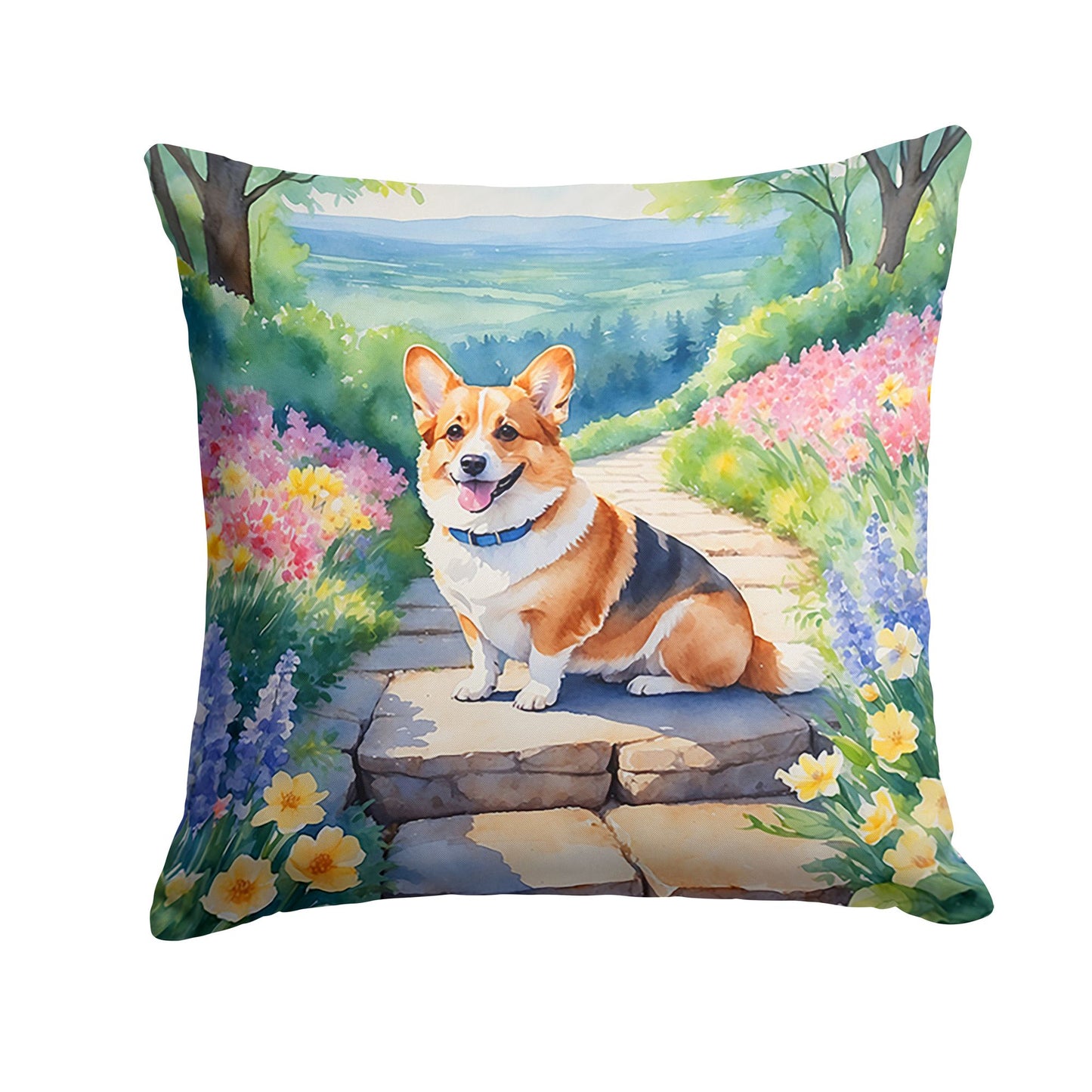 Corgi Spring Path Throw Pillow Machine Washable, Indoor Outdoor Decorative Pillow for Couch, Bed or Patio, 14Hx14W