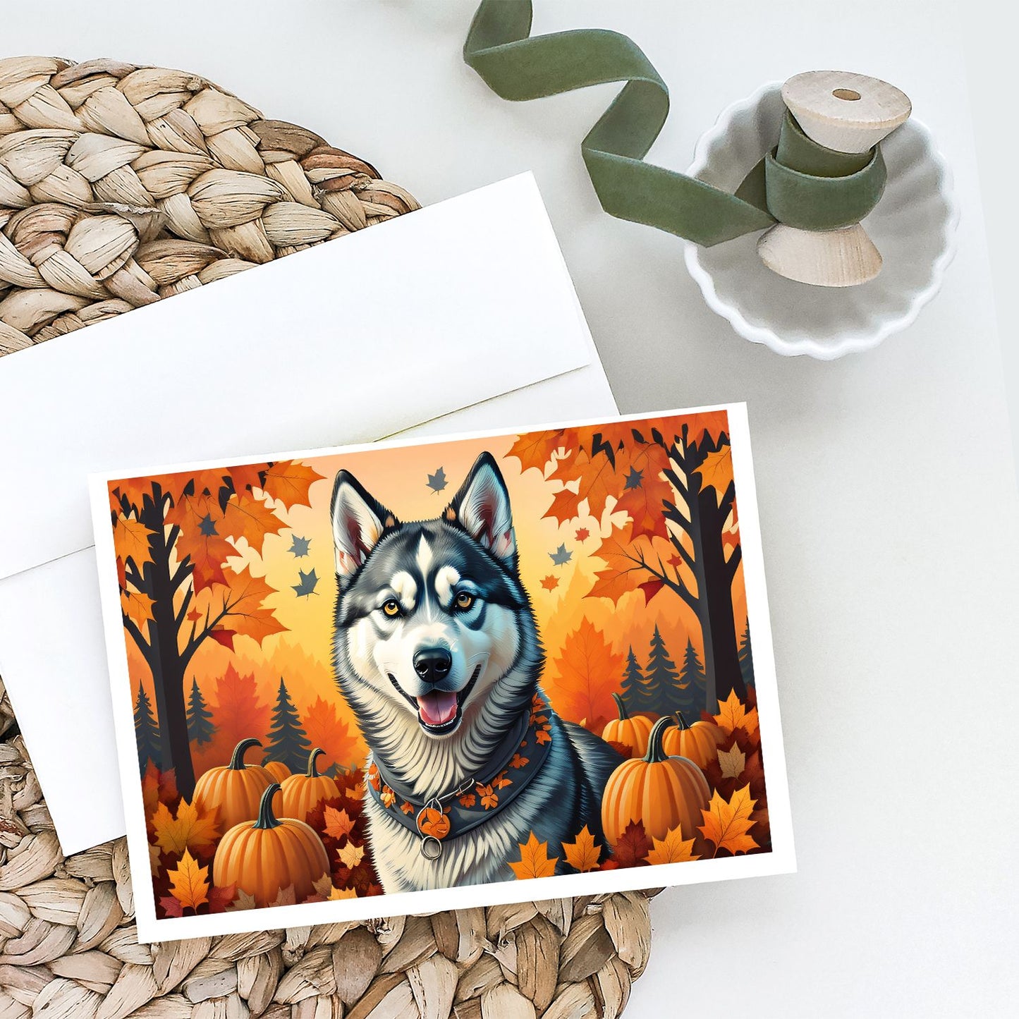Siberian Husky Fall Greeting Cards Pack of 8 Blank Cards with Envelopes Whimsical A7 Size 5x7 Blank Note Cards