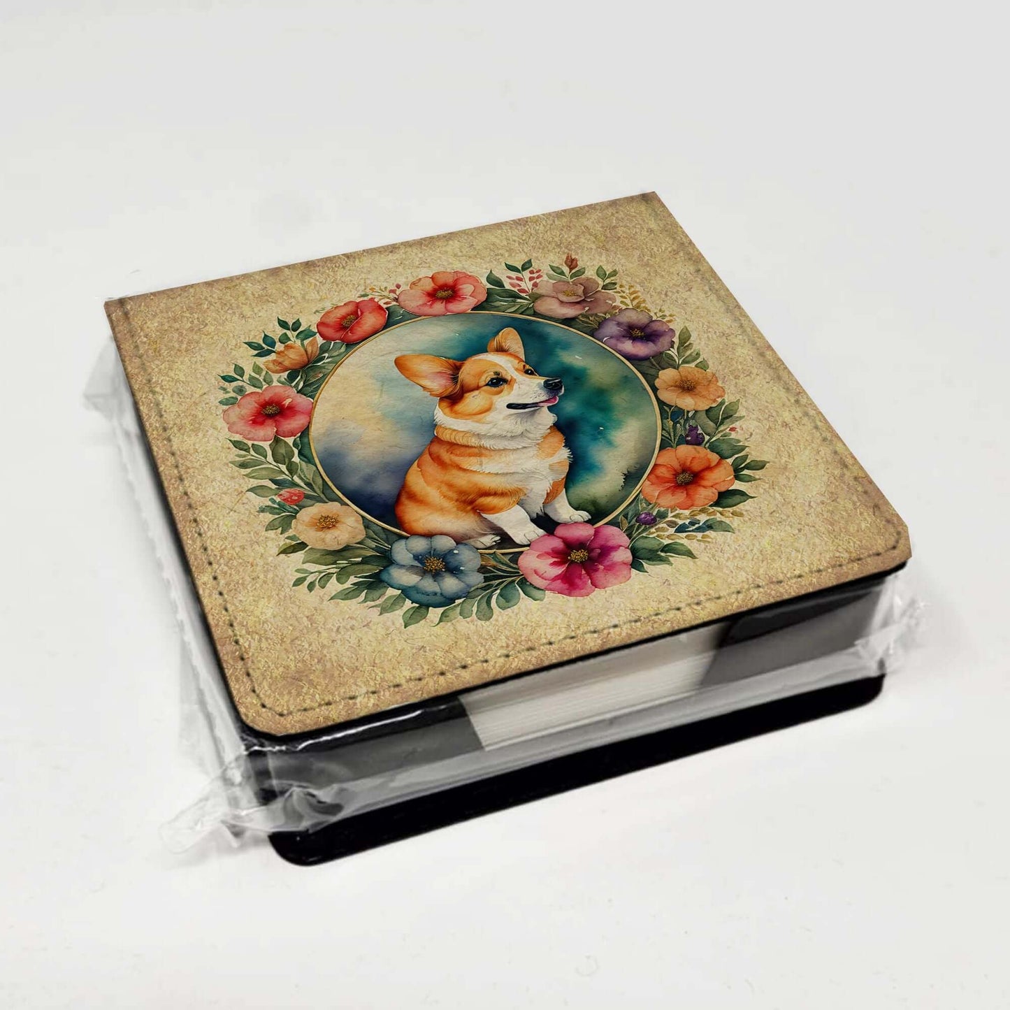 Corgi and Flowers PU Leather Note Paper Holder with Artist-Designed Cover, Desk Accessory, Office Gift