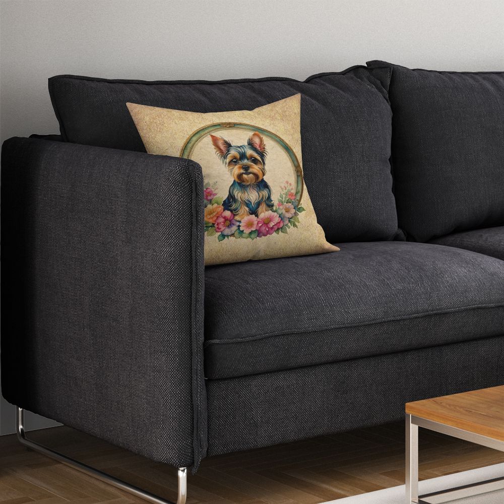 Yorkshire Terrier and Flowers Throw Pillow Machine Washable, Indoor Outdoor Decorative Pillow for Couch, Bed or Patio, 14Hx14W