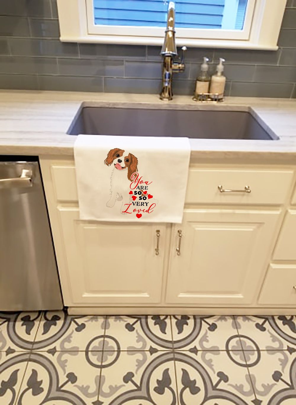 NEW Cavalier King Charles Spaniel Blenheim #2 so Loved Kitchen Towel Set of 2 White Dish Towels Decorative Bathroom Hand towel for Hand, Face, Hair, Yoga, Tea, Dishcloth, 19 X 28", White