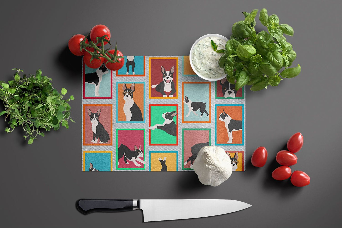 NEW Lots of Boston Terrier Glass Cutting Board Decorative Tempered Glass Kitchen Cutting and Serving Board Large Size Chopping Board