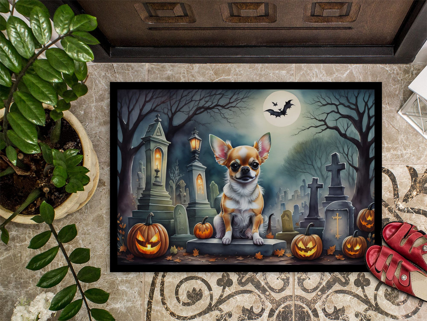 Chihuahua Spooky Halloween Doormat Front Door Mat Indoor Outdoor Rugs for Entryway, Non Slip Washable Low Pile, 24H X 36W