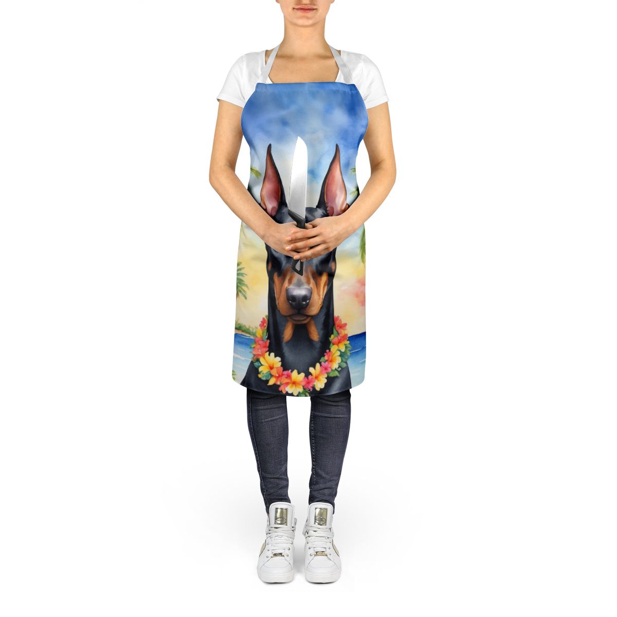Doberman Pinscher Luau Apron Cooking Kitchen Server Baking Crafts Gardening for Adult Women Men, Unisex, Large, Multicolor