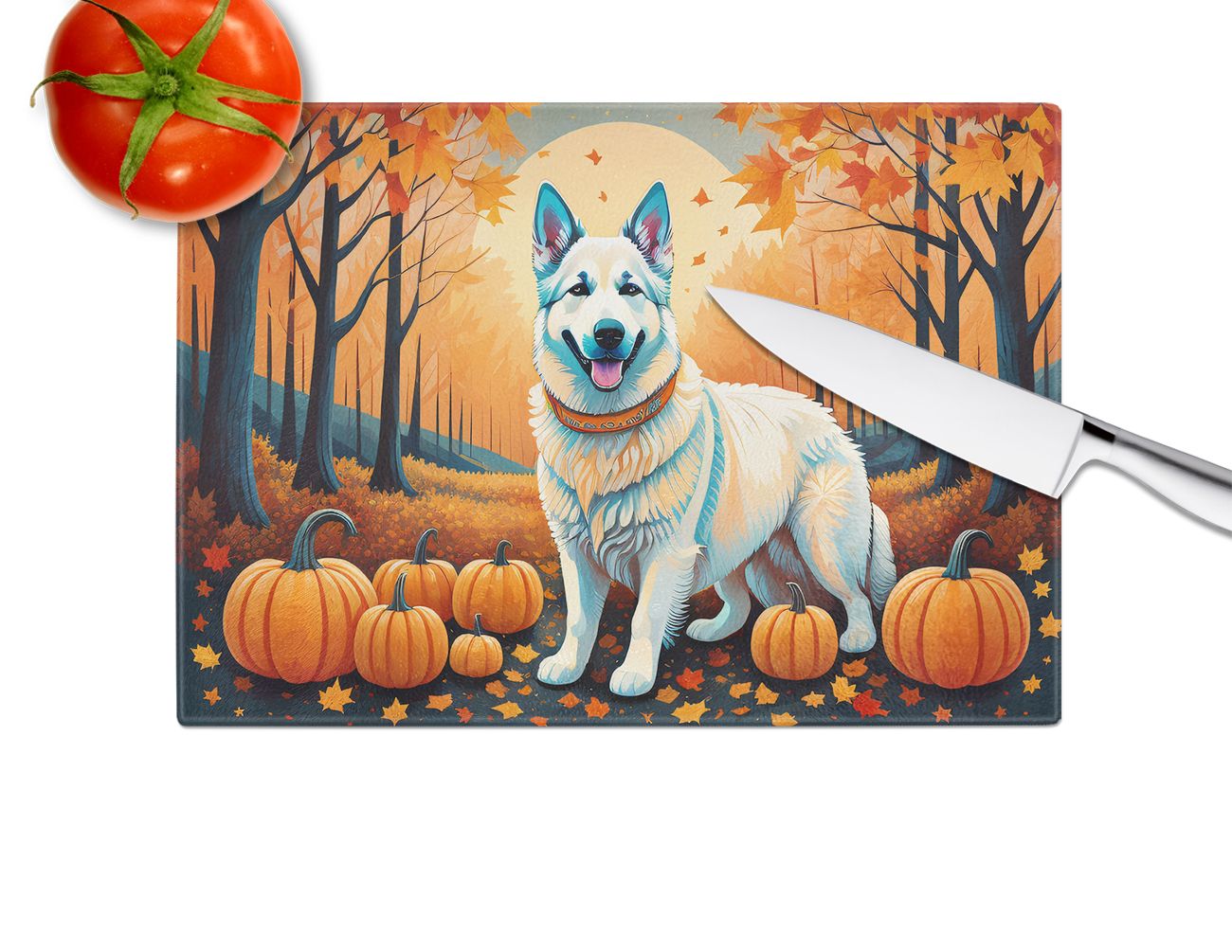 NEW White German Shepherd Fall Glass Cutting Board Decorative Tempered Glass Kitchen Cutting and Serving Board Large Size Chopping Board