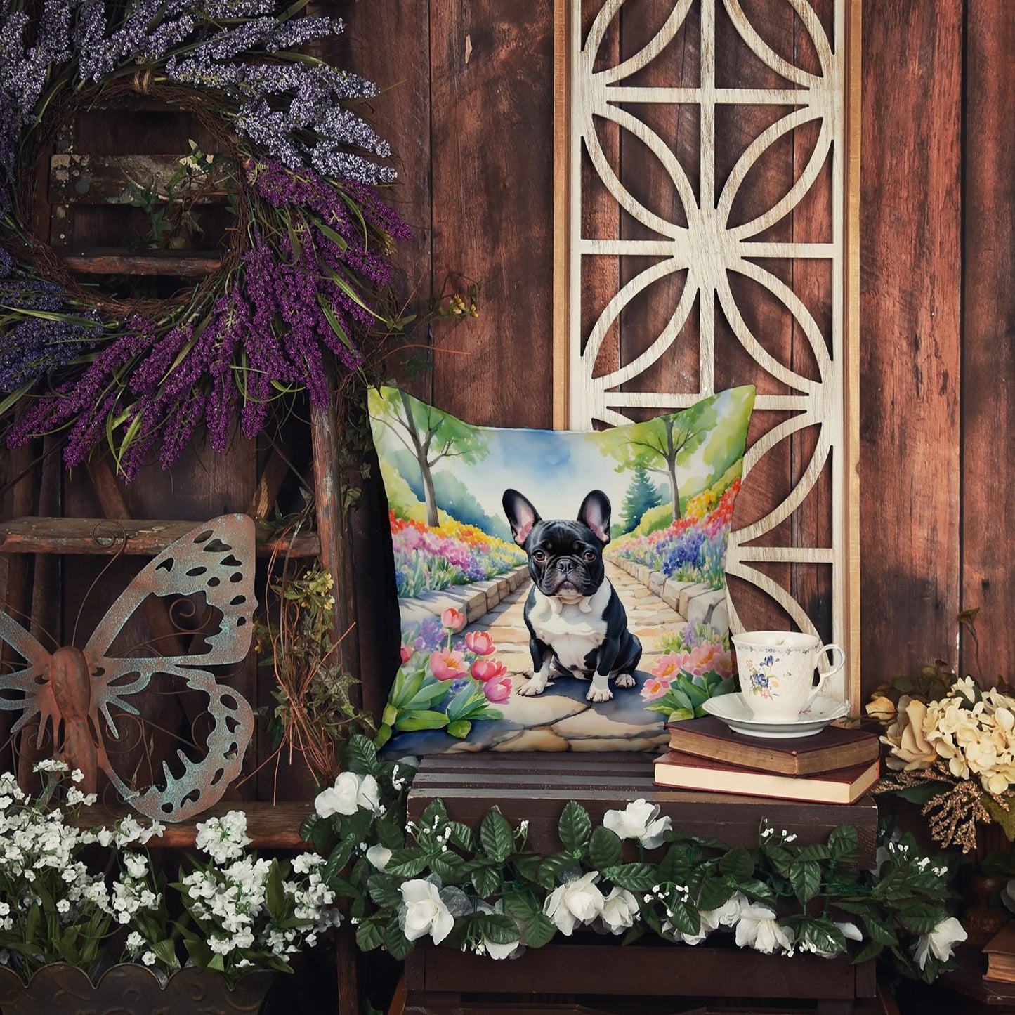 French Bulldog Spring Path Throw Pillow Machine Washable, Indoor Outdoor Decorative Pillow for Couch, Bed or Patio, 18Hx18W