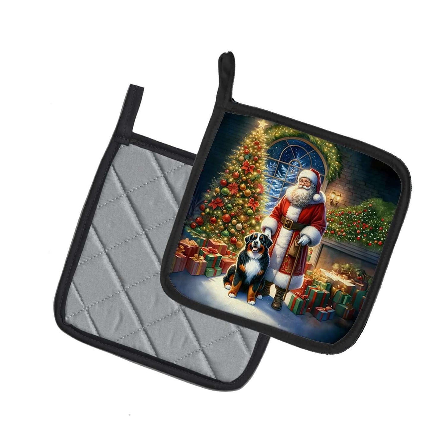 Bernese Mountain Dog and Santa Claus Pair of Pot Holders Kitchen Heat Resistant Pot Holders Sets Oven Hot Pads for Cooking Baking BBQ, 7 1/2 x 7 1/2