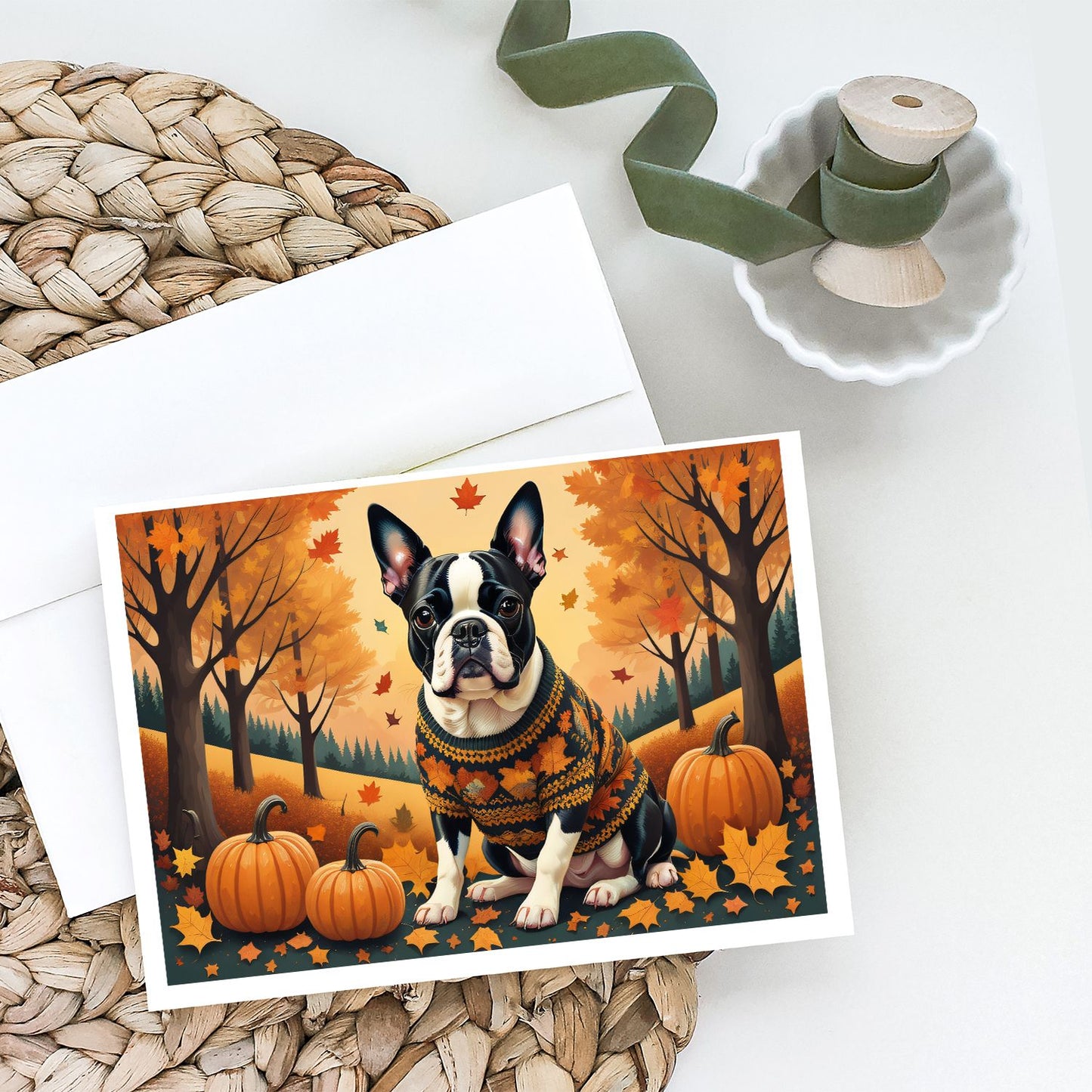 Boston Terrier Fall Greeting Cards Pack of 8 Blank Cards with Envelopes Whimsical A7 Size 5x7 Blank Note Cards