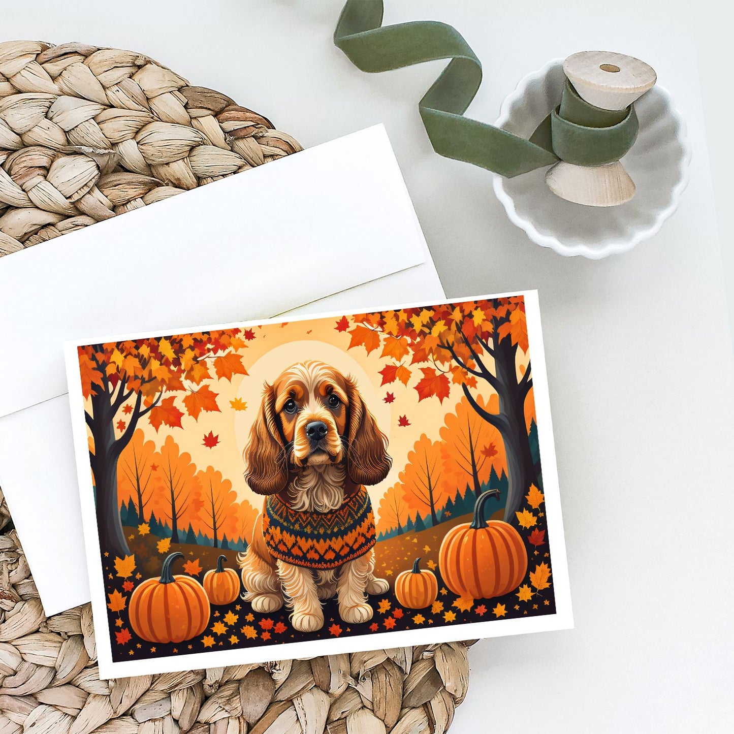 Cocker Spaniel Fall Greeting Cards Pack of 8 Blank Cards with Envelopes Whimsical A7 Size 5x7 Blank Note Cards
