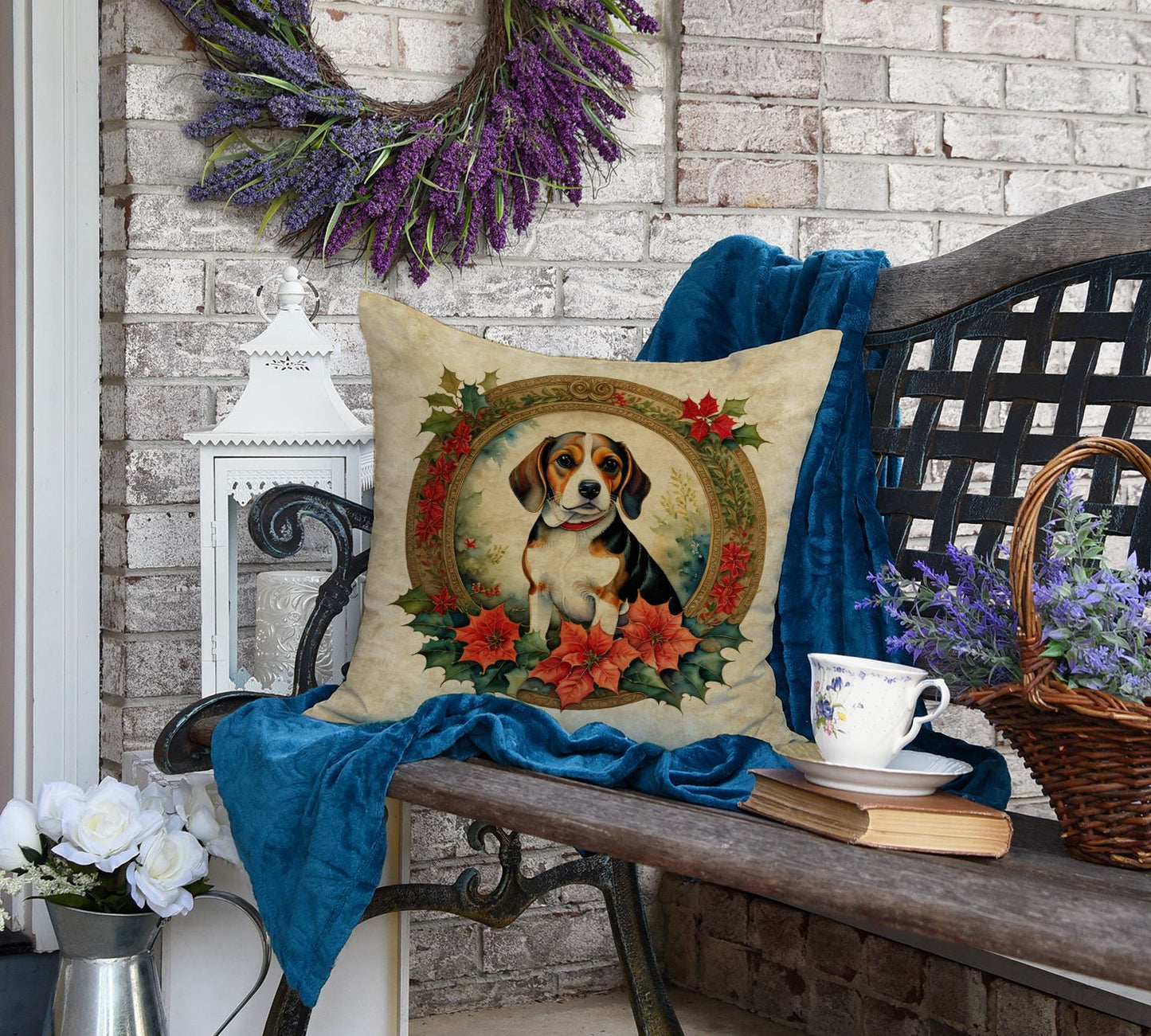 Beagle Christmas Flowers Throw Pillow Machine Washable, Indoor Outdoor Decorative Pillow for Couch, Bed or Patio, 18Hx18W