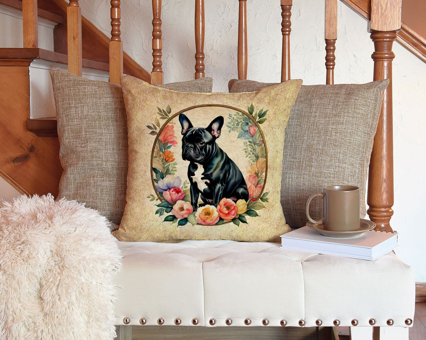 Black French Bulldog and Flowers Throw Pillow Machine Washable, Indoor Outdoor Decorative Pillow for Couch, Bed or Patio, 14Hx14W