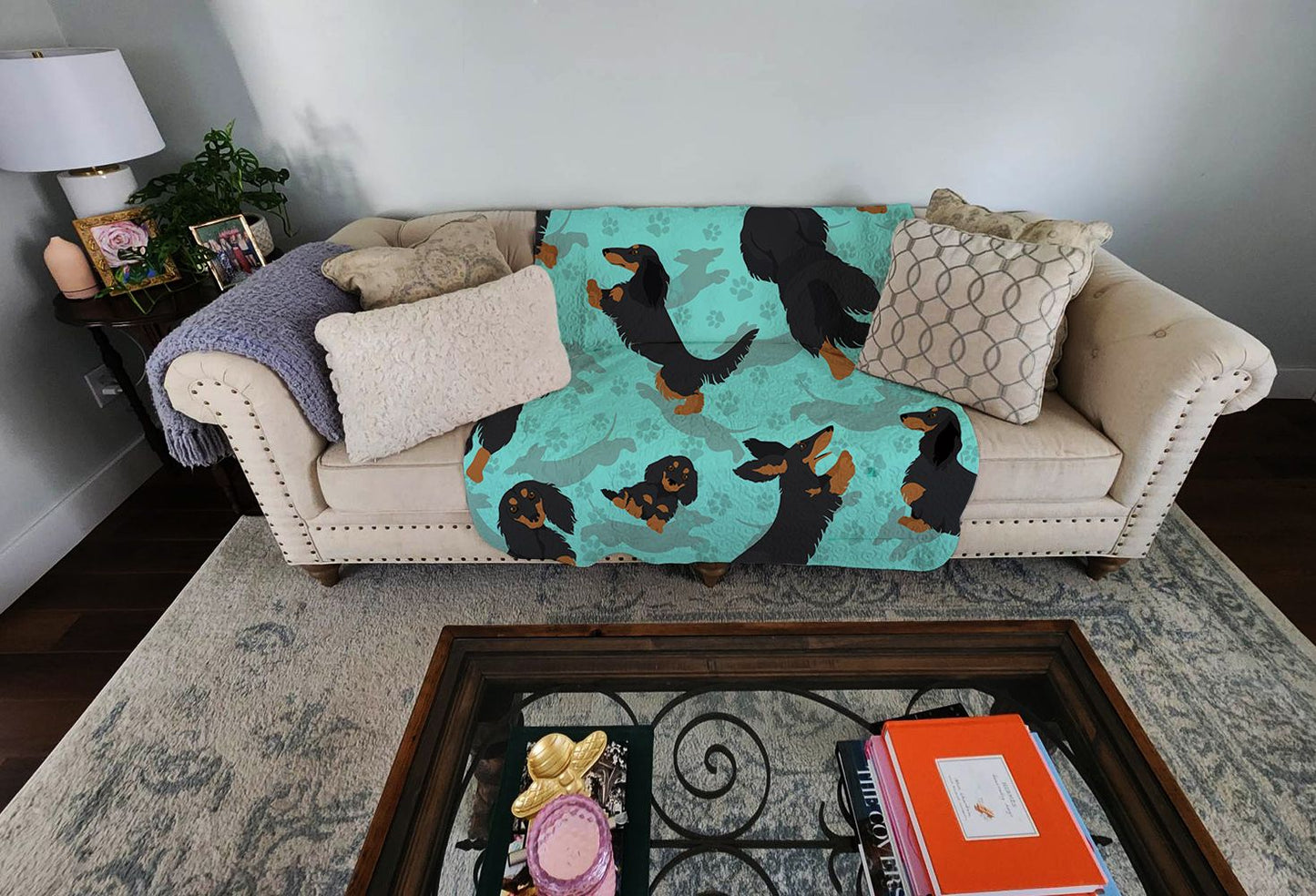 Longhaired Black Tan Dachshund Quilted Blanket 50x60 Artwork Pattern Quilted Throw Blanket for Bed, Couch, Sofa, Soft and Lightweight