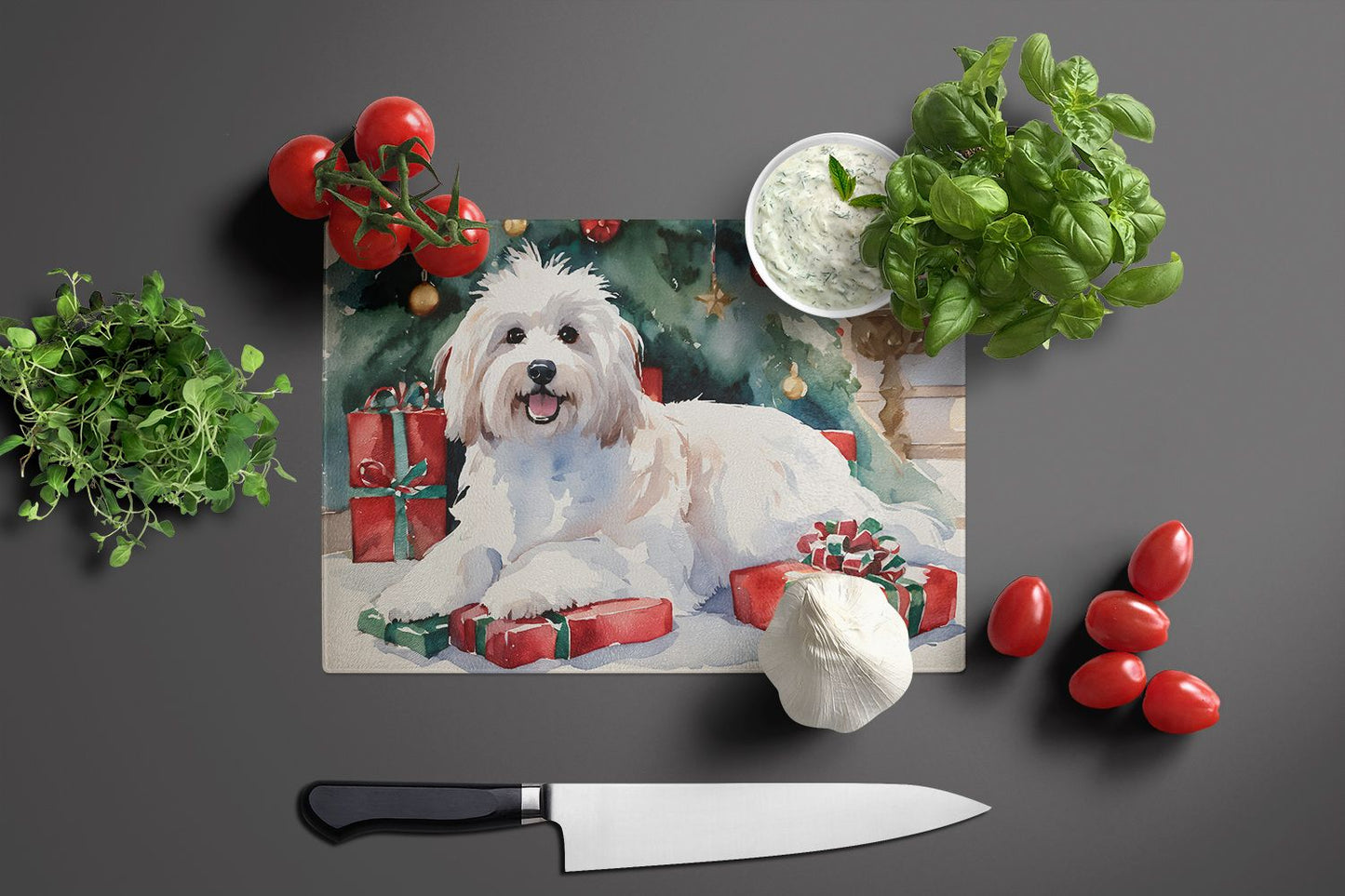 NEW Coton De Tulear Cozy Christmas Glass Cutting Board Decorative Tempered Glass Kitchen Cutting and Serving Board Large Size Chopping Board