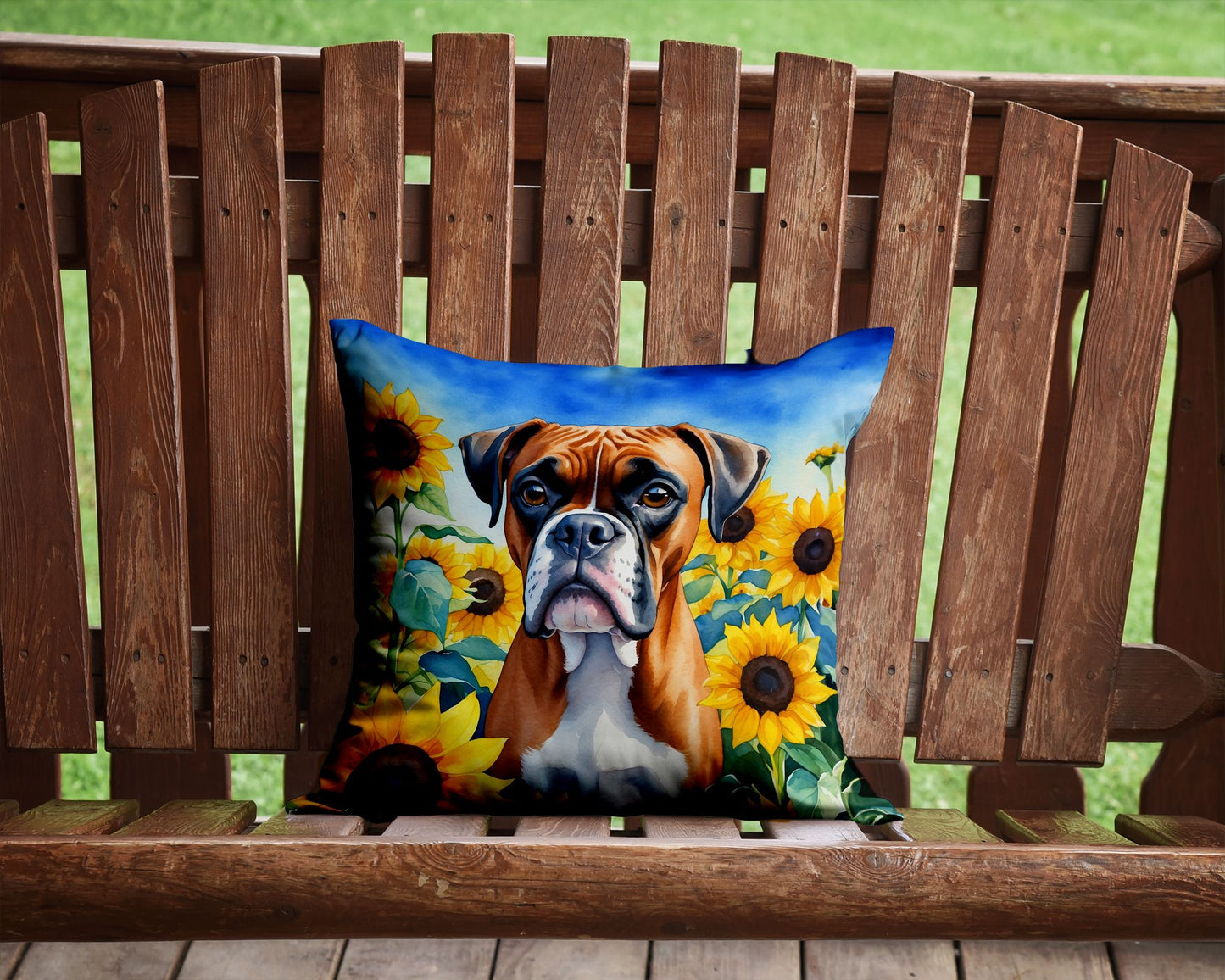 Boxer in Sunflowers Throw Pillow Machine Washable, Indoor Outdoor Decorative Pillow for Couch, Bed or Patio, 14Hx14W
