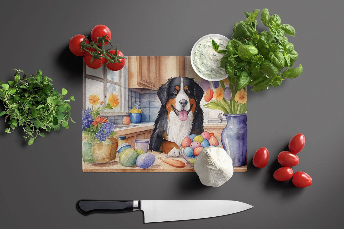 NEW Decorating Easter Bernese Mountain Dog Glass Cutting Board Decorative Tempered Glass Kitchen Cutting and Serving Board Large Size Chopping Board