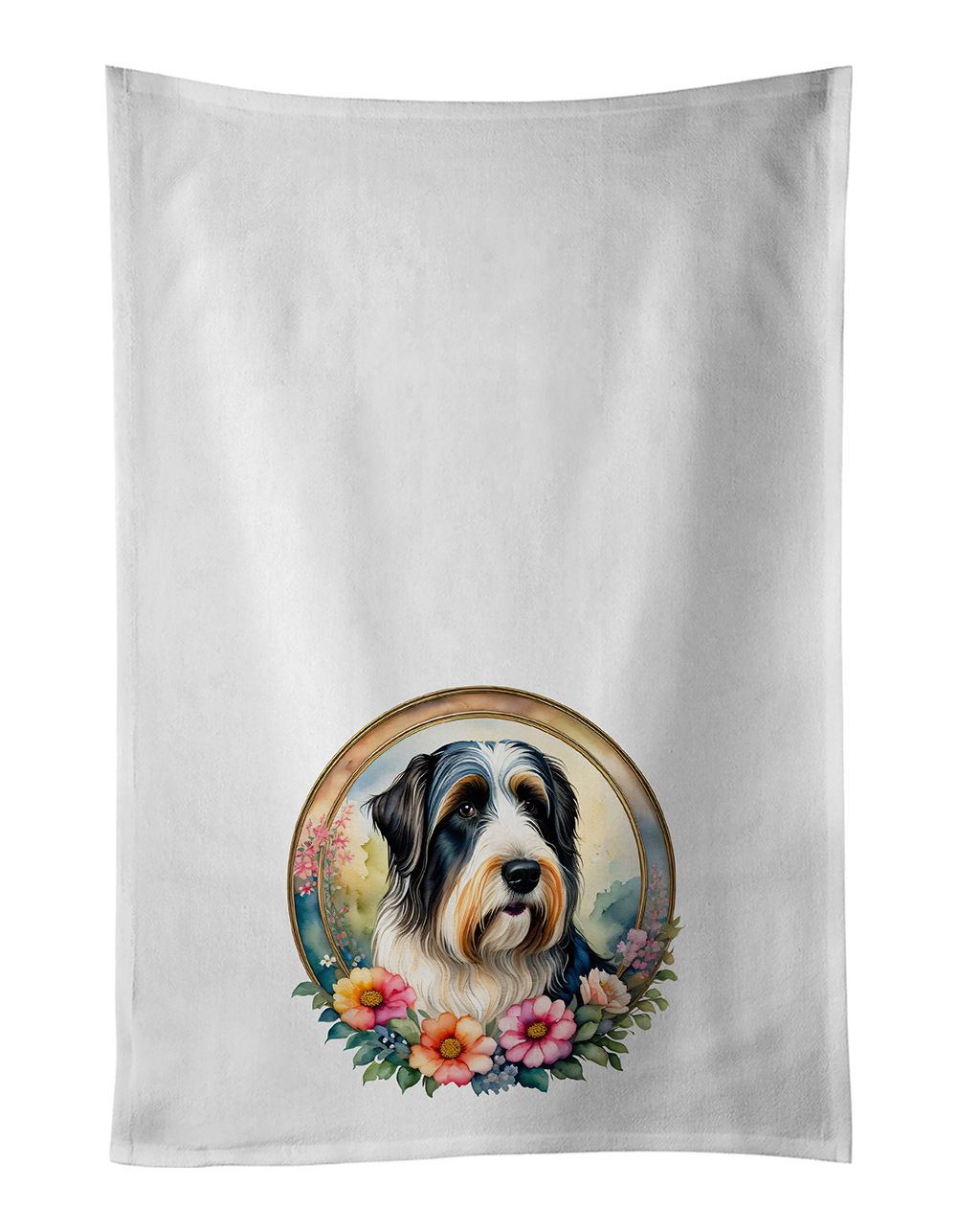 Bearded Collie and Flowers Kitchen Towel Set of 2 White Dish Towels Decorative Bathroom Hand towel for Hand, Face, Hair, Yoga, Tea, Dishcloth, 19 X 28", White