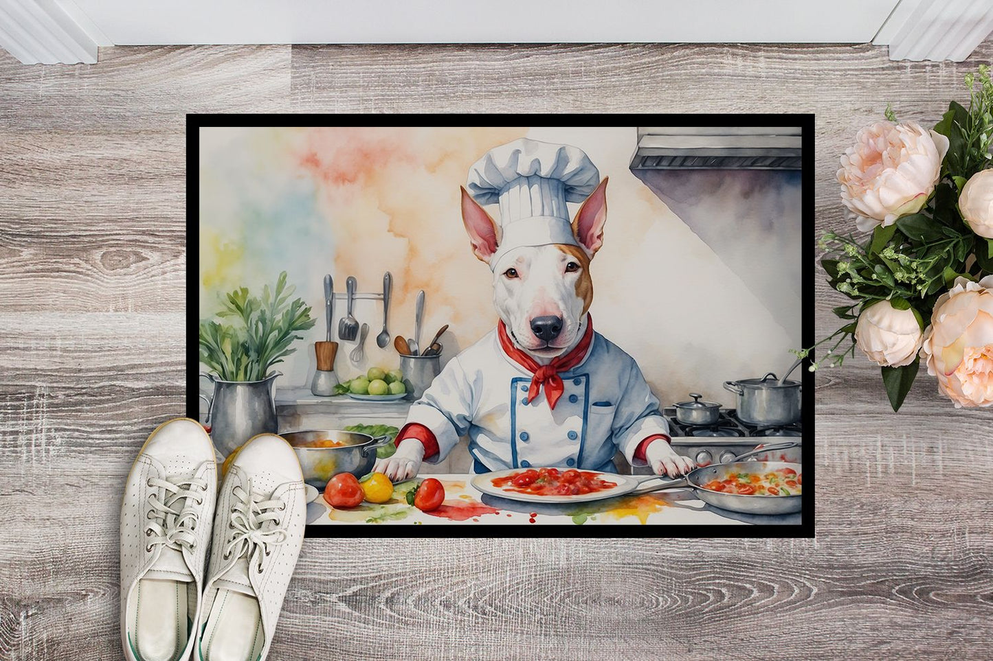Bull Terrier The Chef Doormat Front Door Mat Indoor Outdoor Rugs for Entryway, Non Slip Washable Low Pile, 24H X 36W
