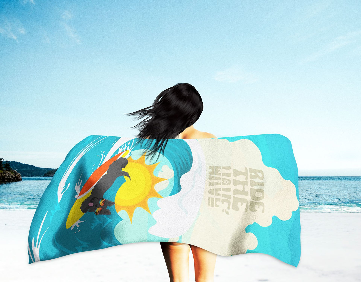 Surfer Dog Scottish Terrier Premium Beach Towel Oversized Towel Beach Blanket, Pool, Beach Essentials, Yoga, Premium Bath Towel, Quick Dry Plush