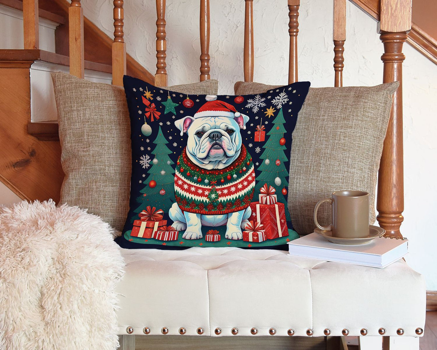 White English Bulldog Christmas Throw Pillow Machine Washable, Indoor Outdoor Decorative Pillow for Couch, Bed or Patio, 14Hx14W