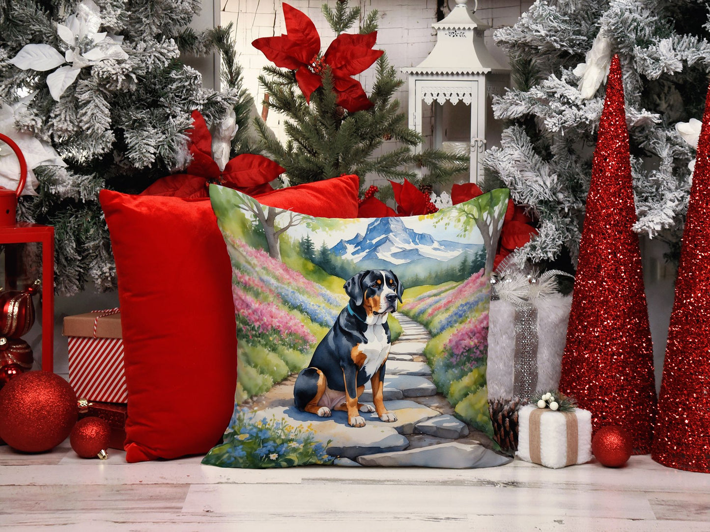 Greater Swiss Mountain Dog Spring Path Throw Pillow Machine Washable, Indoor Outdoor Decorative Pillow for Couch, Bed or Patio, 14Hx14W