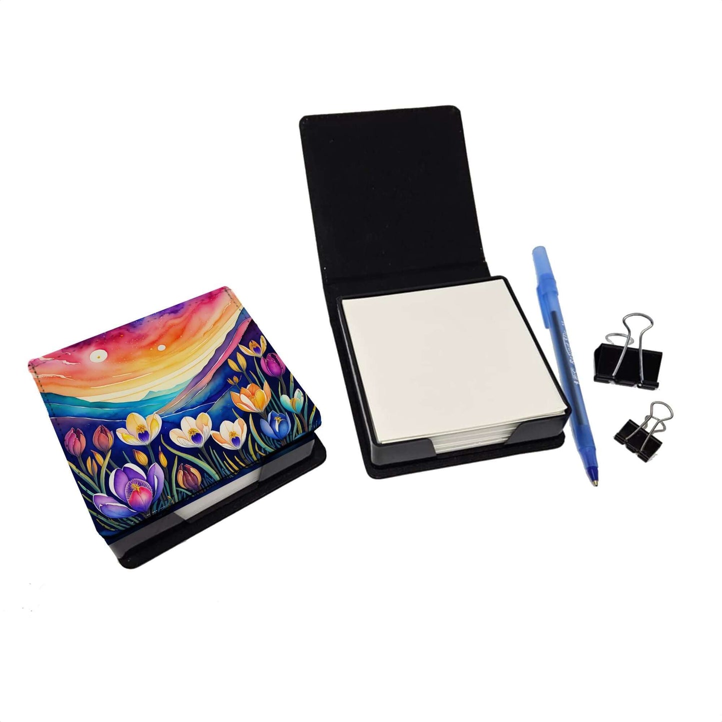 Colorful Crocus PU Leather Note Paper Holder with Artist-Designed Cover, Desk Accessory, Office Gift