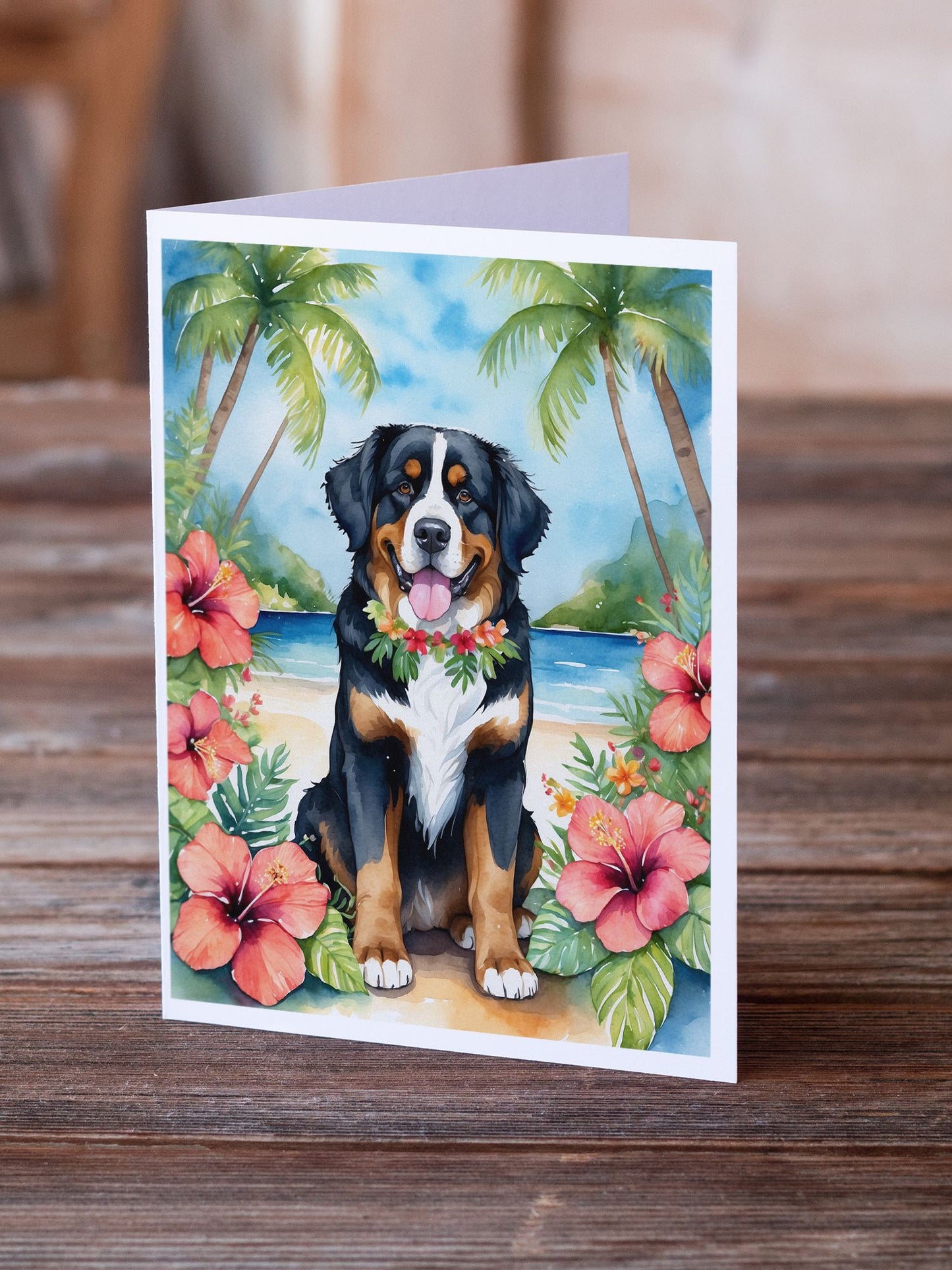 Bernese Mountain Dog Luau Greeting Cards Pack of 8 Blank Cards with Envelopes Whimsical A7 Size 5x7 Blank Note Cards