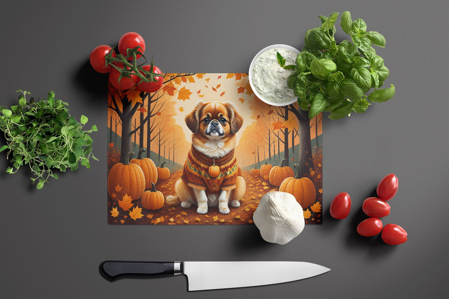 NEW Tibetan Spaniel Fall Glass Cutting Board Decorative Tempered Glass Kitchen Cutting and Serving Board Large Size Chopping Board