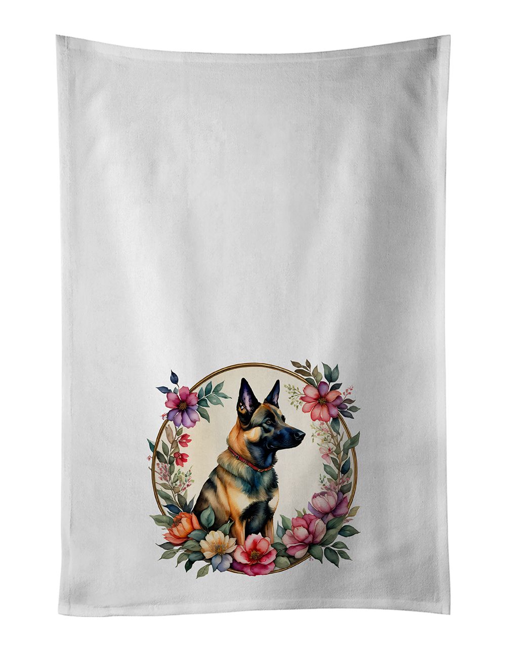 Belgian Malinois and Flowers Kitchen Towel Set of 2 White Dish Towels Decorative Bathroom Hand towel for Hand, Face, Hair, Yoga, Tea, Dishcloth, 19 X 28", White