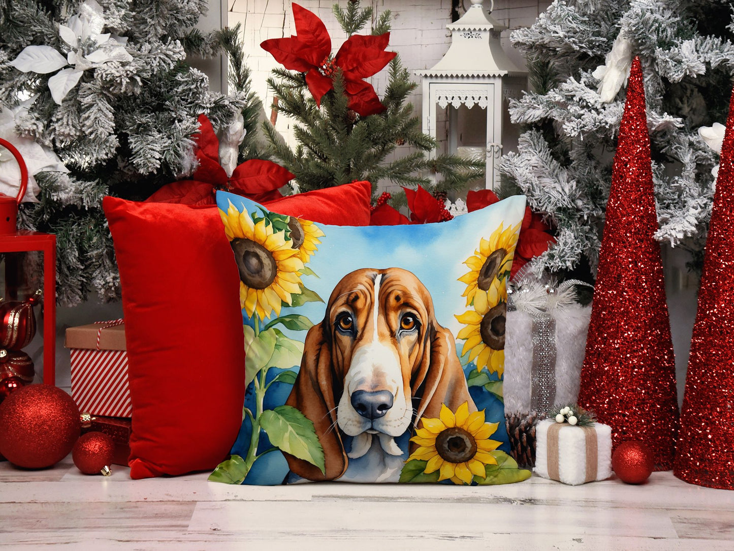 Basset Hound in Sunflowers Throw Pillow Machine Washable, Indoor Outdoor Decorative Pillow for Couch, Bed or Patio, 14Hx14W
