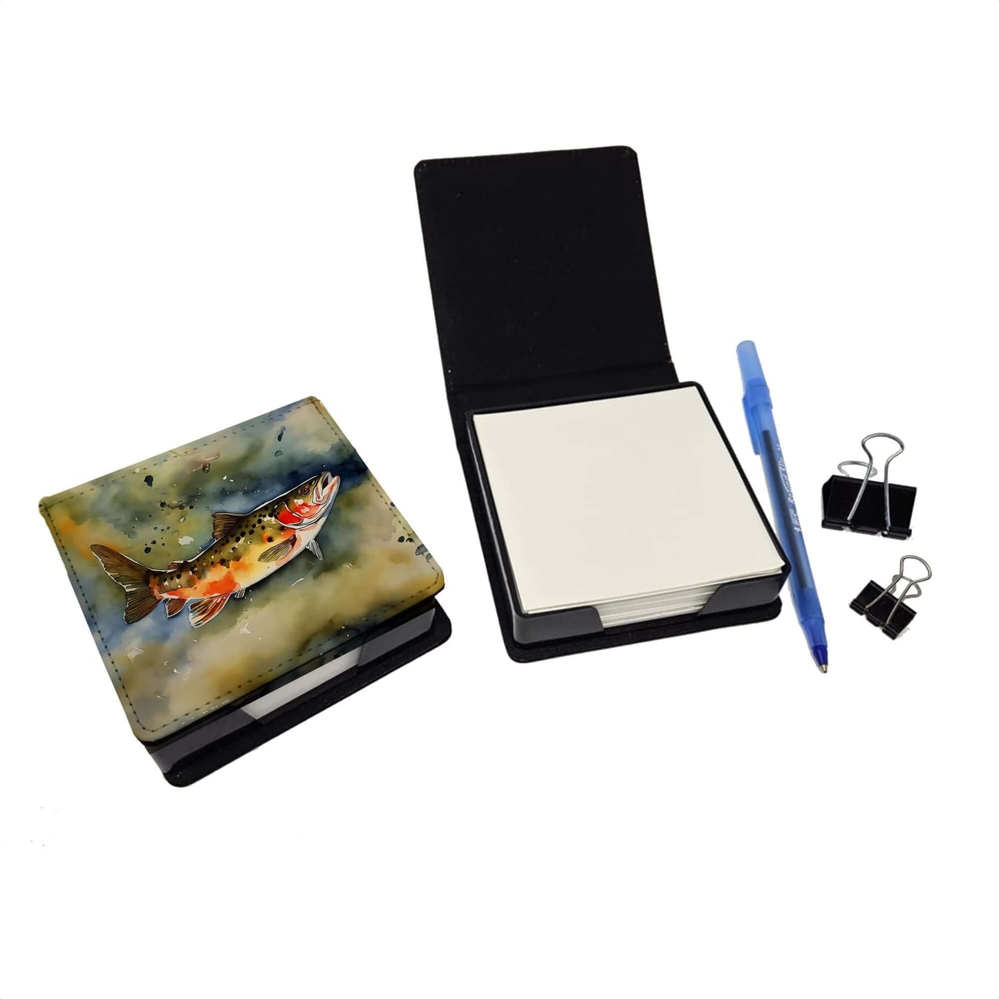 Brook Trout PU Leather Note Paper Holder with Artist-Designed Cover, Desk Accessory, Office Gift