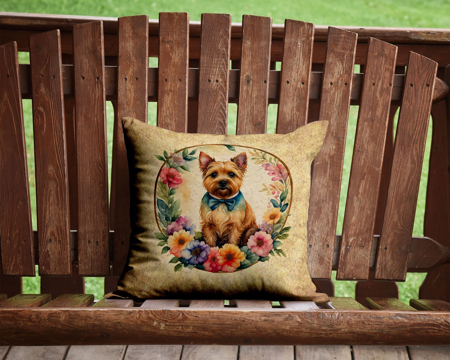 Norwich Terrier and Flowers Throw Pillow Machine Washable, Indoor Outdoor Decorative Pillow for Couch, Bed or Patio, 14Hx14W