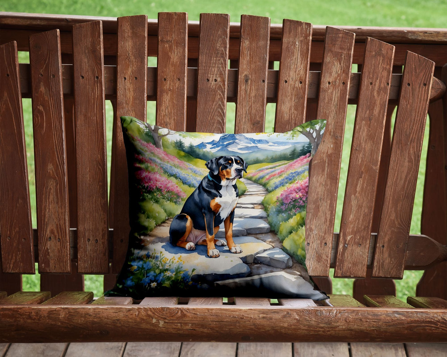 Greater Swiss Mountain Dog Spring Path Throw Pillow Machine Washable, Indoor Outdoor Decorative Pillow for Couch, Bed or Patio, 14Hx14W