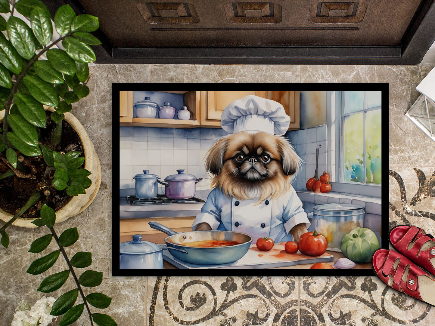 NEW Pekingese The Chef Doormat Front Door Mat Indoor Outdoor Rugs for Entryway, Non Slip Washable Low Pile, 18H X 27W